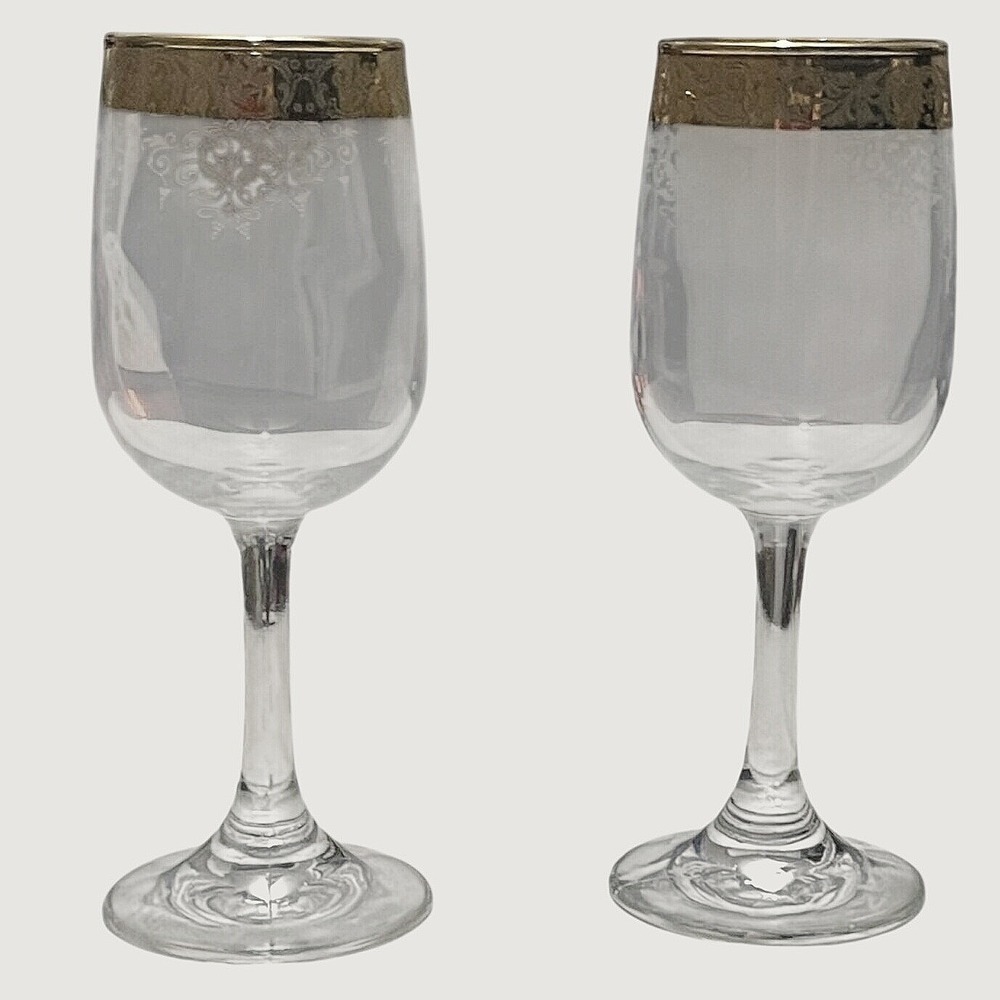 Vintage Pair‎ Cellini Wine Glass Stemware Frosted Etched Floral Scroll Gold Rim